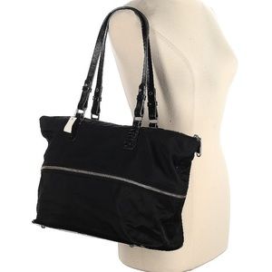 EUC Brahmin black expandable nylon shoulder bag with leather handles
